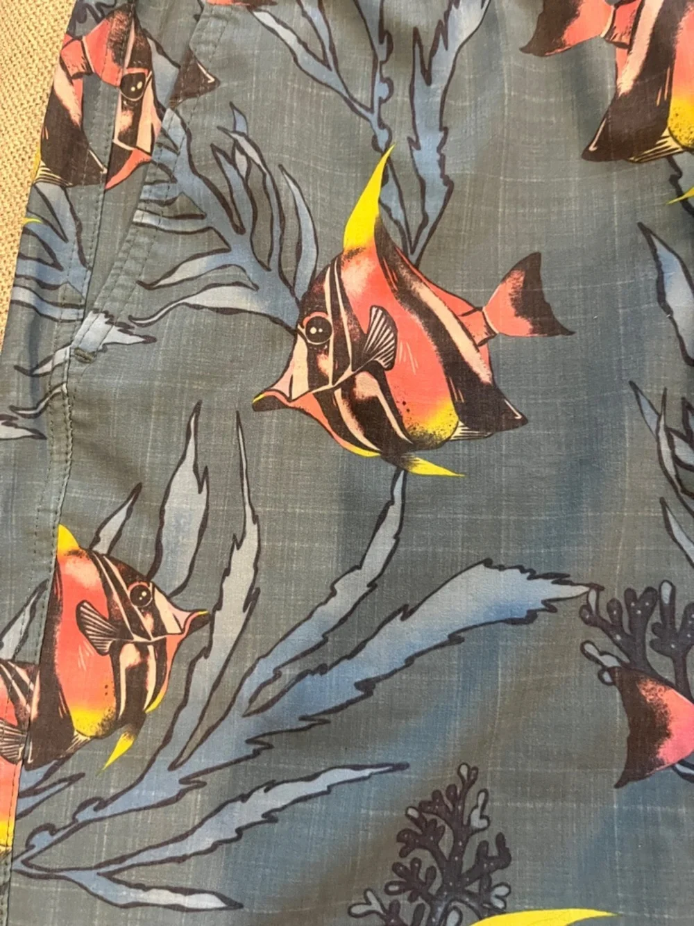 Quiksilver Men’s Blue Swim Trunks with Pink & Yellow Tropical Fish flow volley